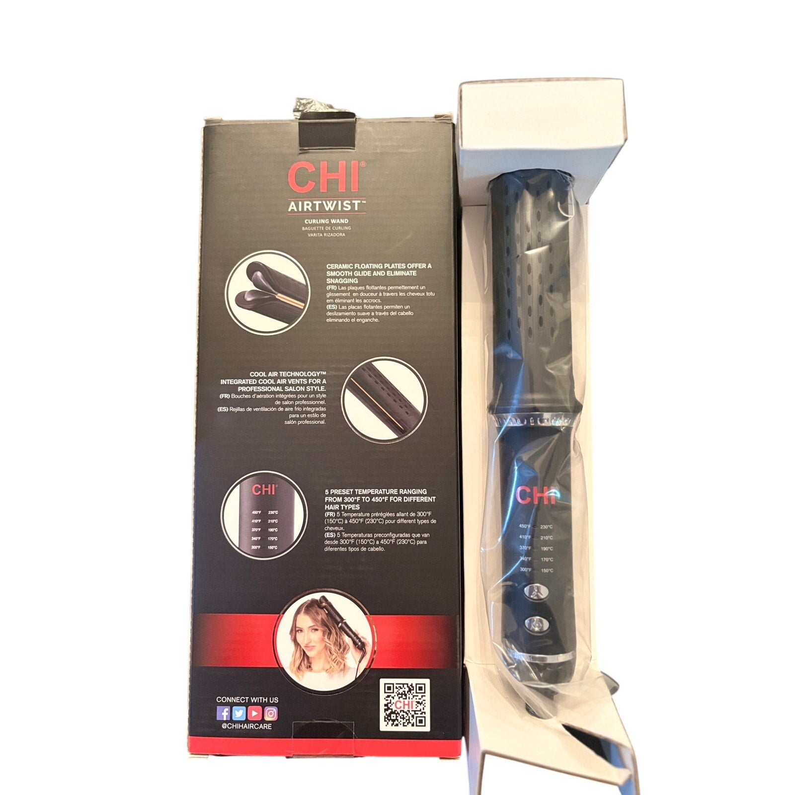 CHI Airtwist Curling Wand Cool Air Tech Ceramic Plates Dual Voltage